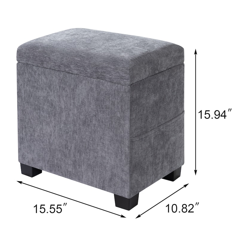 Adeco 16" W Upholstered Rectangle Storage Ottoman with Tray and Pocket