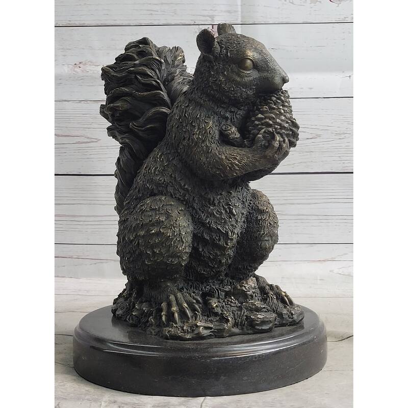 Squirrel Eating An Acorn Bronze Sculpture Statue Handmade Figure Original Art Marble Base