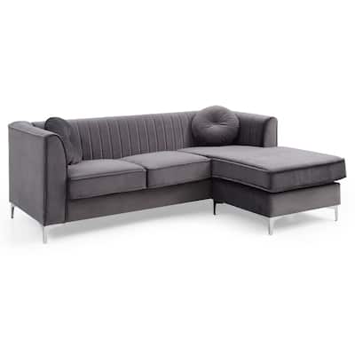 Channel Tufted Velvet L Shape Sectional Sofa with Throw Pillows - 87" - Gray