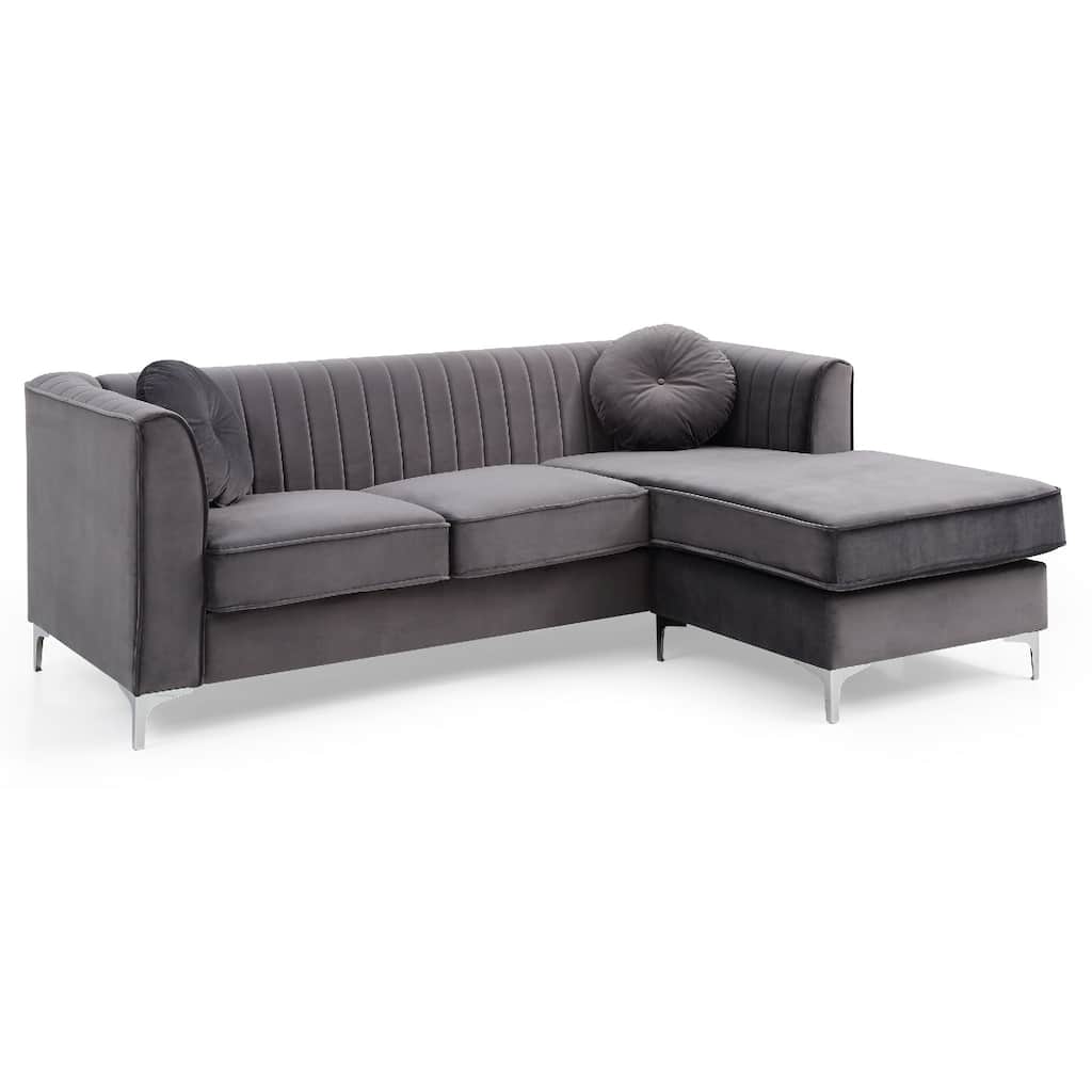 Channel Tufted Velvet L Shape Sectional Sofa with Throw Pillows - 87" - Gray