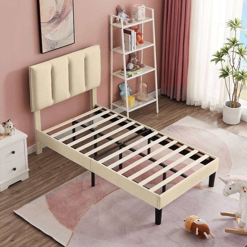 Upholstered Velvet Upholstered Bed Frame with Adjustable Height Headboard No Box Spring Needed Platform Bed Under Bed Storage