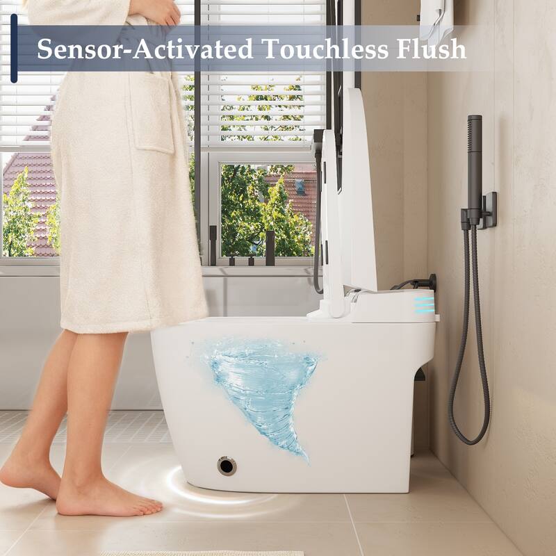 Smart Toilet with Heated Seat, Warm Air Dry, Foot Flush, Bidet Washing Night Light, Built-in Water Tank Electronic