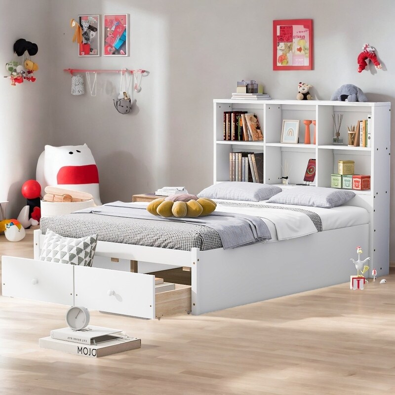Full Size Kids Platform Bed with Storage Spaces and Charging Station White Bed Bath Beyond 39763618
