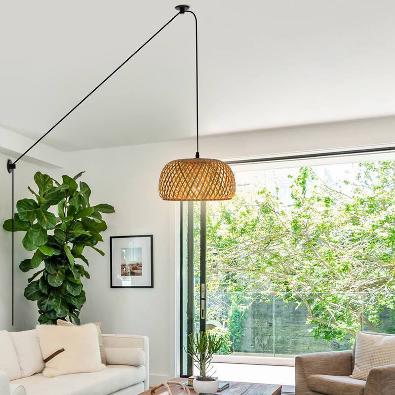 1-Light Hanging Lights with Plug in Cord Rattan Pendant Light - 11.8inch