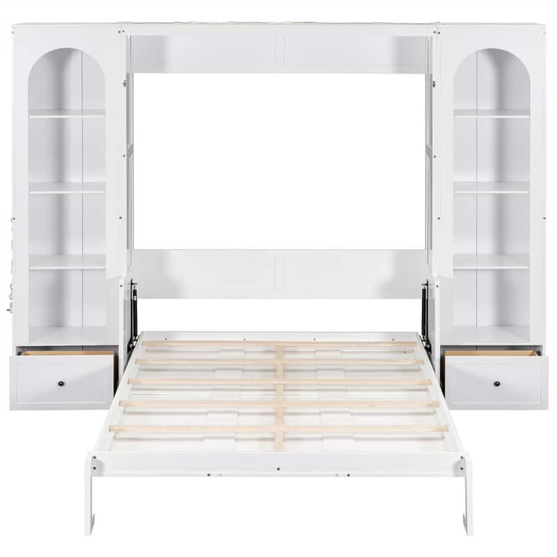 Queen Size Murphy Bed Wall Bed with LED Light, 2 Drawers and Side Cabinets, Foldable Murphy Cabinet Bed with Storage Shelves