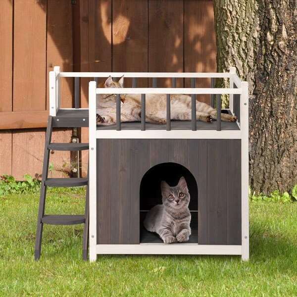 2-Story Wooden Feral Cat House Doghouse for Outdoor and Indoor