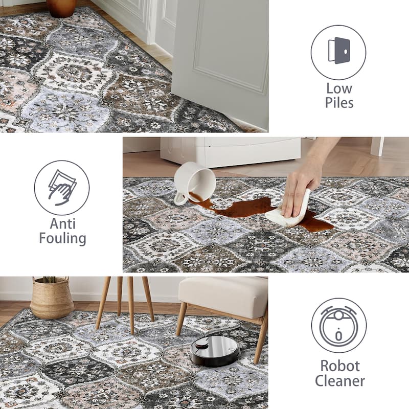 Rugs for Living Room Vintage Oriental Trellis Area Rug Soft Non Slip Low Pile Accent Rugs for Dining Room Office