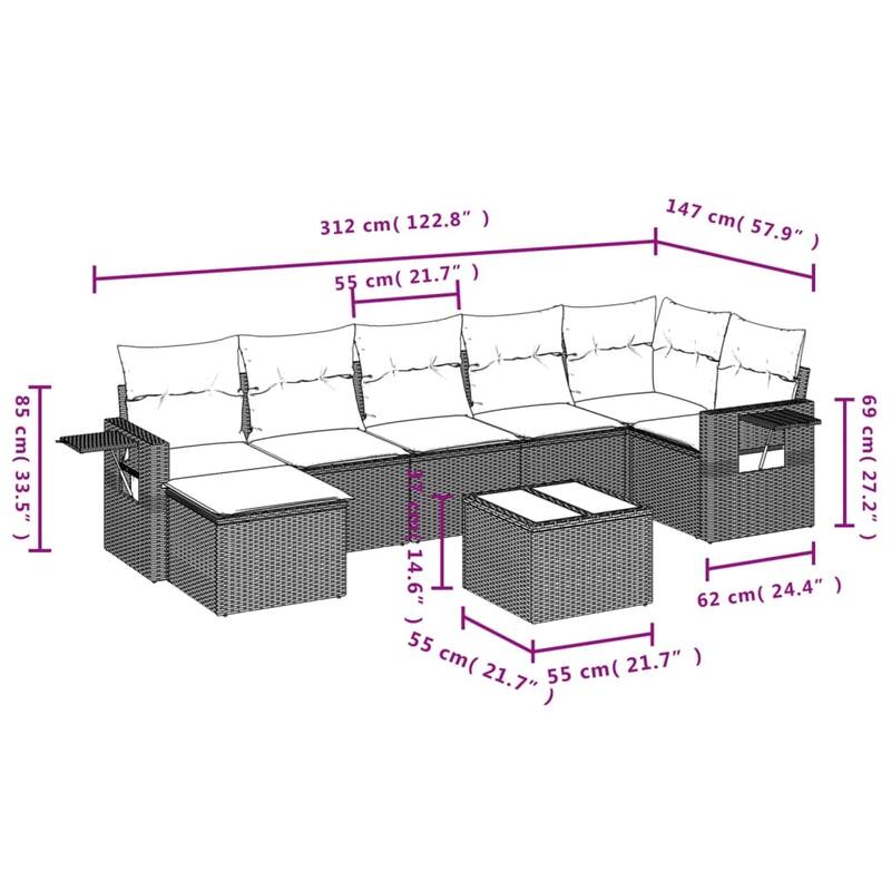 vidaXL Patio Sofa Set with Cushions Outdoor Conversation Furniture Poly Rattan - 24.4 x 24.4 x 27.2