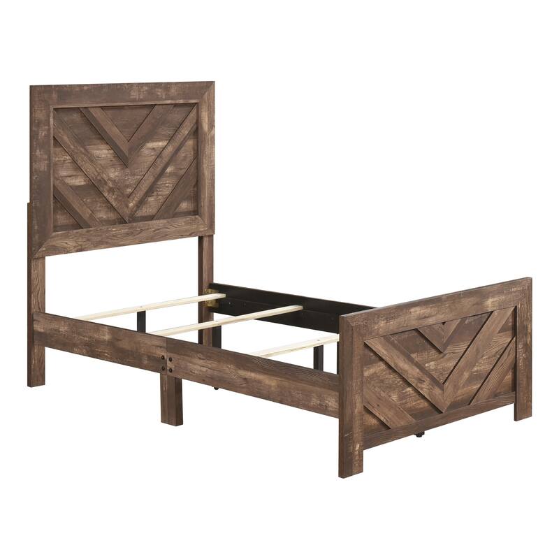 Twin Size Wood Contemporary Panel Bed with V-Pattern Headboard (Bed-in-a-Box)