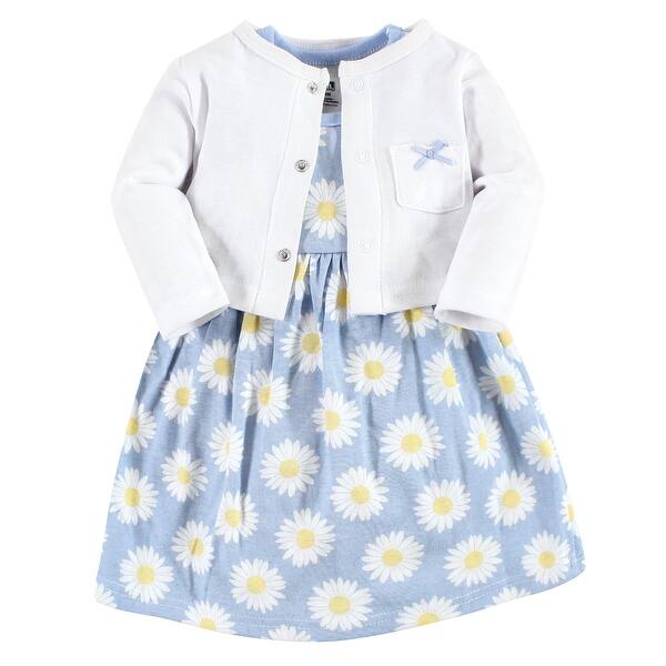 slide 1 of 1, Hudson Baby Baby Girl Cotton Dress and Cardigan Set, Blue Daisy 0-3 Months - Blue Daisy