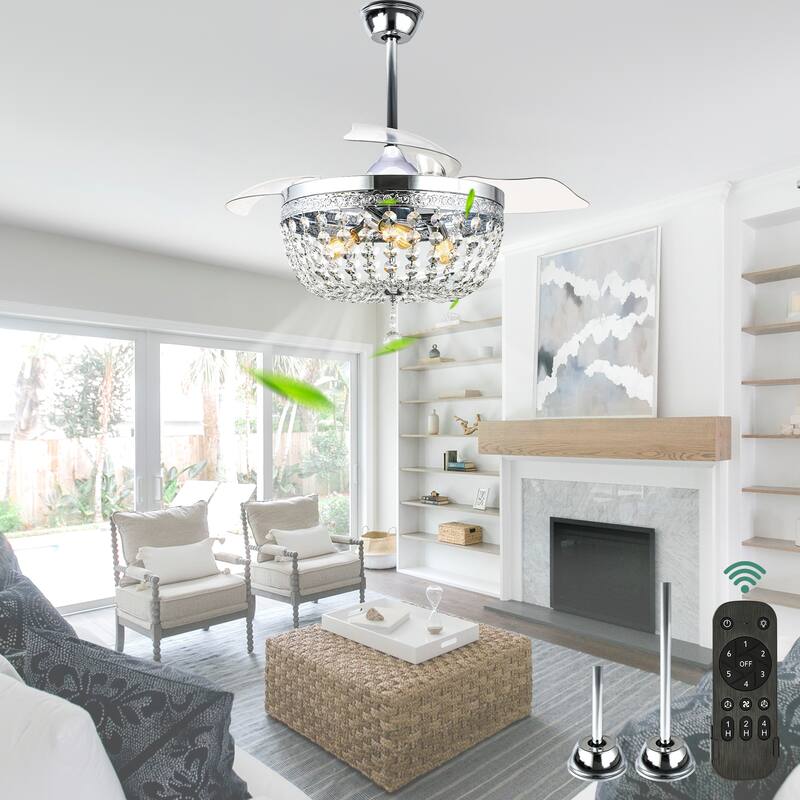 Cusp Barn 42" Crystal Retractable Ceiling Fan with Remote, Modern 6 Speeds Qiuet DC Motor Reversible Ceiling Fan for Bedroom