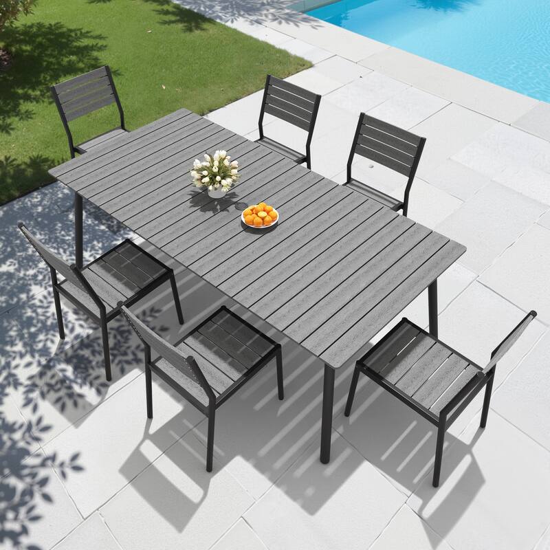 7-Pieces Outdoor Dining Set Aluminum Dining Table with Stackable Dining Chairs