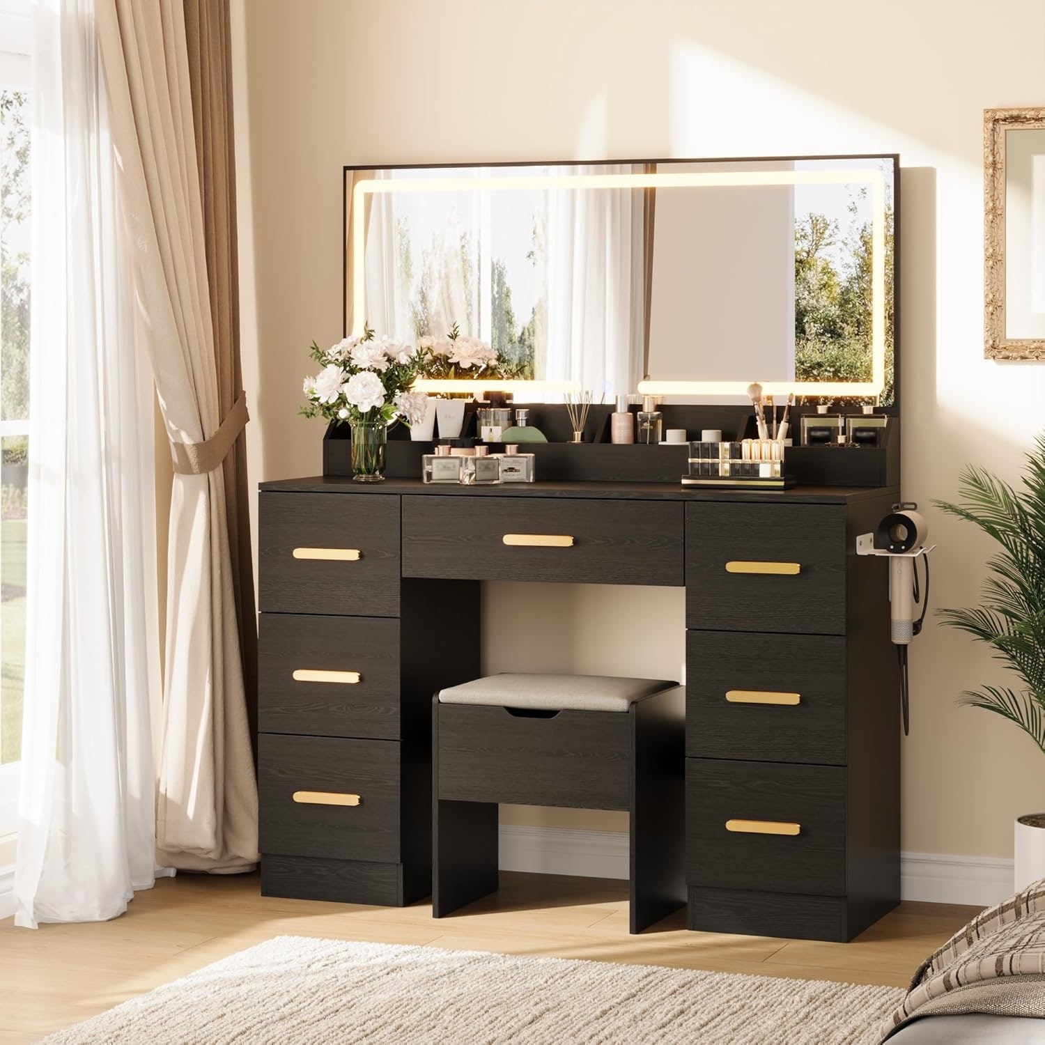 45.9" Vanity Desk with Mirror & Lights, Makeup Table with 7 Drawers & Power Outlet