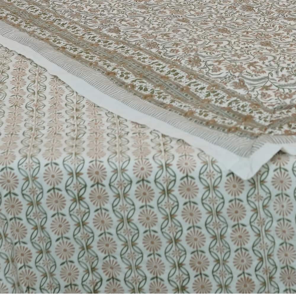 Fabdivine Luxury Hand Block Print Cotton Quilt Floral Boho Bedding for Bedroom & Sofa, Green Gray, Handmade Reversible Bedspread