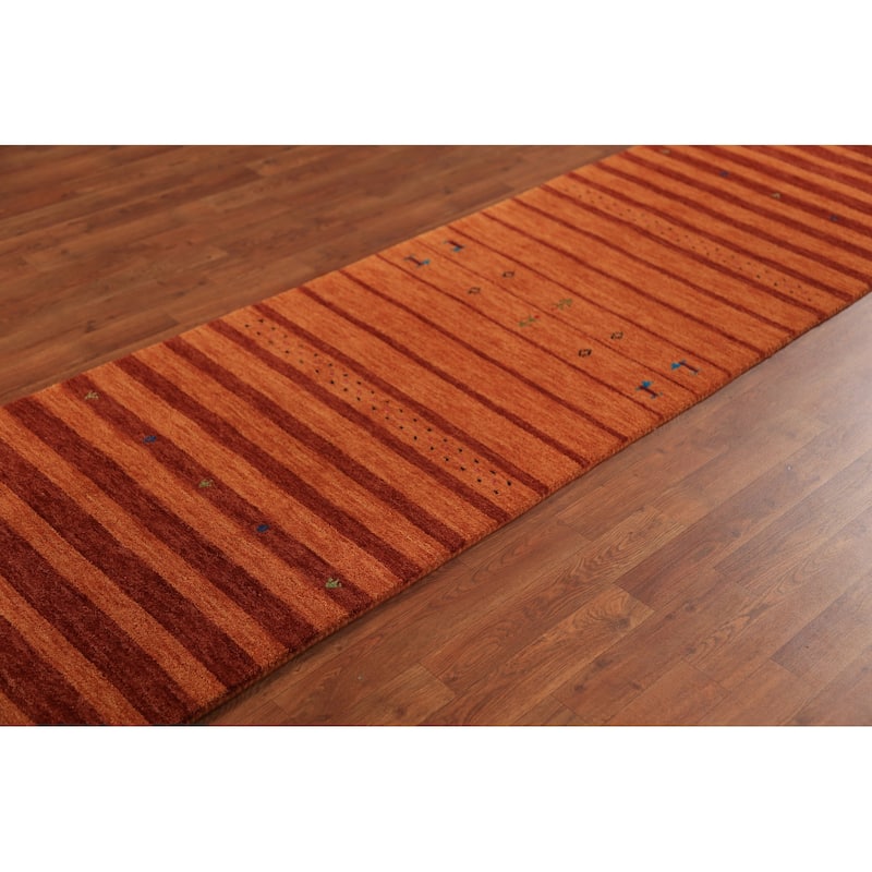Striped Orange Gabbeh Oriental Runner Rug Hand-Knotted Wool Carpet - 2'7" x 13'0"