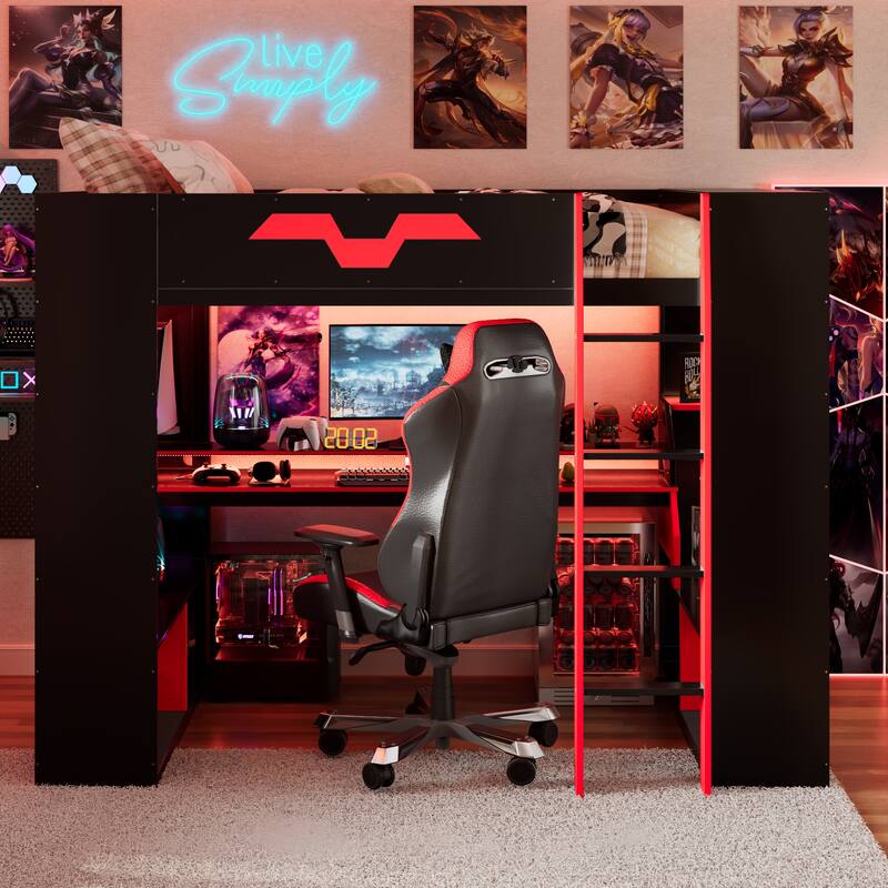 Roomfitters Full Gaming Loft Bed with Power Hub, RGB Lights and Cable Management - Red