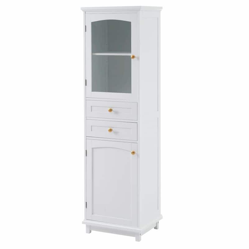 Tall Free-Standing Bathroom Storage Cabinet with Glass Doors and Two Drawers