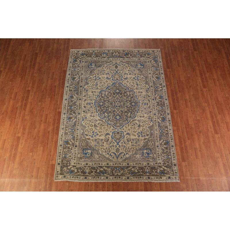 Floral Tabriz Persian Area Rug Beige Hand-Knotted Wool Carpet - 6'8"x 9'6"