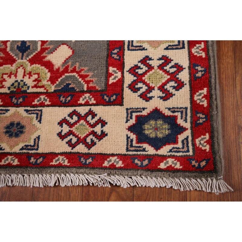 Geometric Kazak Runner Rug Hand-Knotted Oriental Grey Wool Carpet - 2'2" x 19'2"