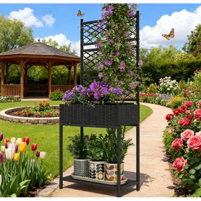 Rossetta Outdoor Freestanding Rattan Wicker Garden Box with Decorative Trellis and Storage Shelf - 21.7" L x 10.2" W x 52.4" H - Black