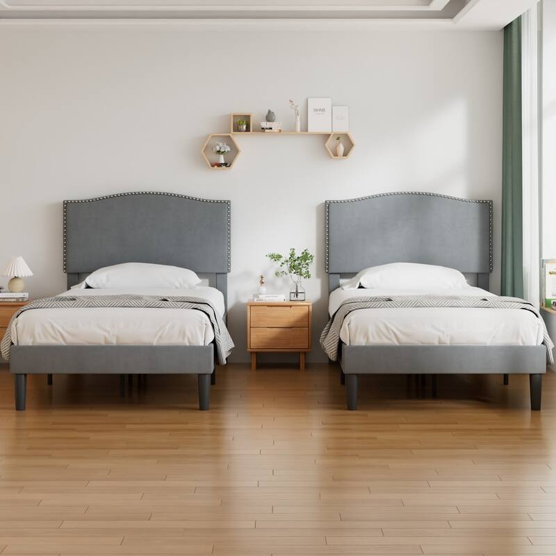 VCCELO 2-Pack Twin Size Bed Frame with Adjustable Headboard Noise-Free Twin Size Bed Set of 2 for Kids Room Dorm Apartments - Grey - Twin