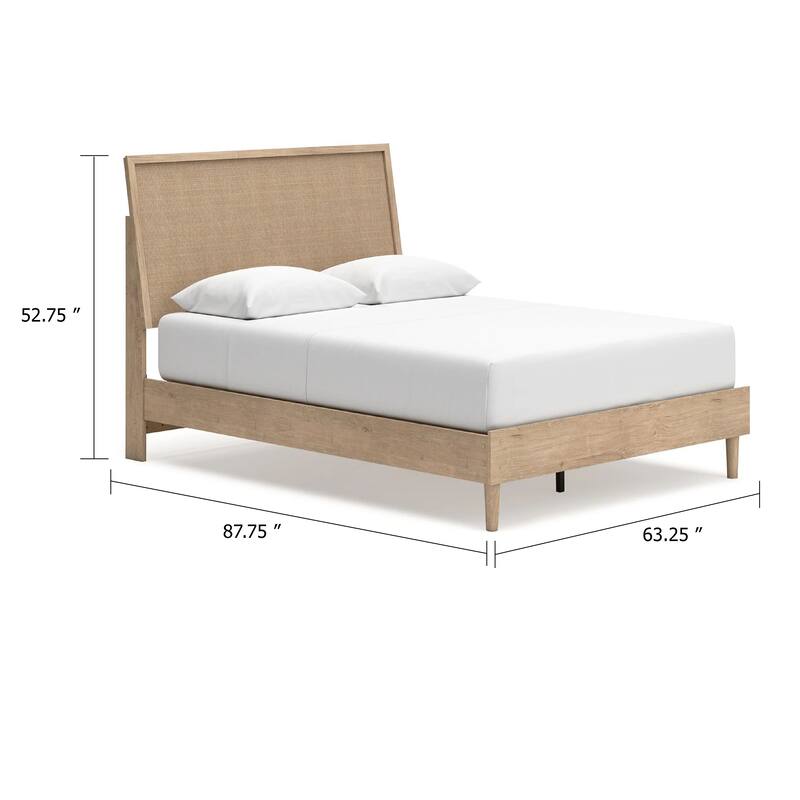 Ciel Queen Panel Bed with Cane Style Headboard, Brown and Beige Wood