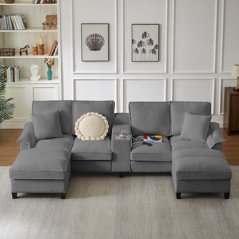 Corduroy U-shaped Sectional Sofa with Double Storage Chaise Lounge, Console Table with Charging Station, Box and Cup Holders