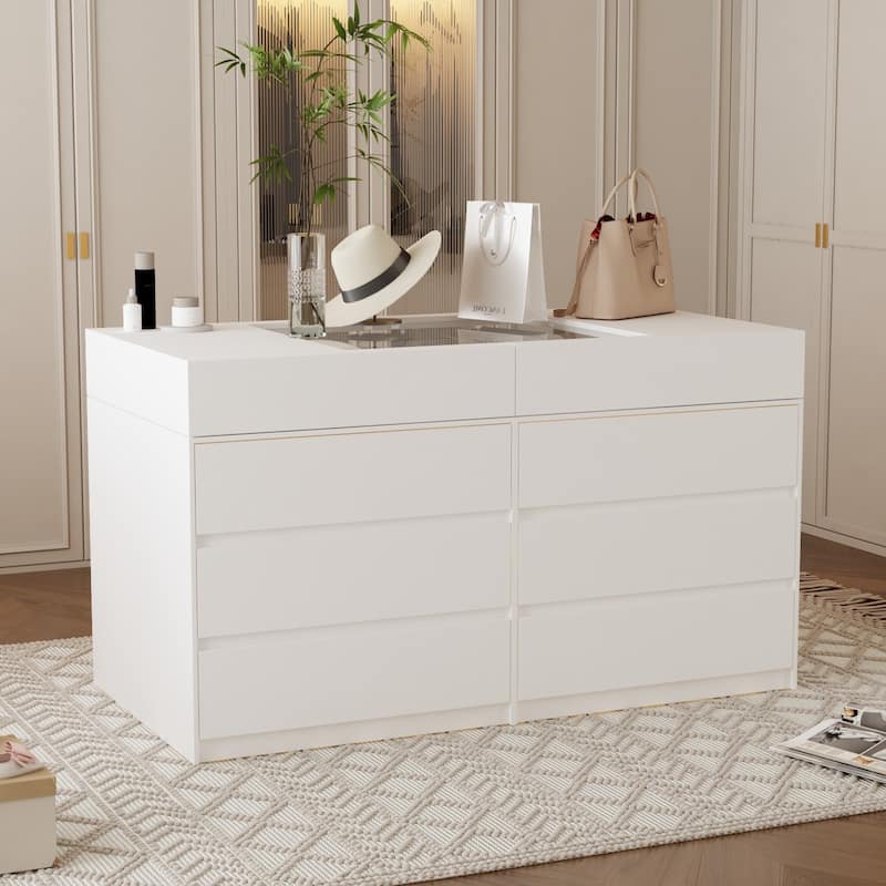 12-Drawer Storage Island Tempered Glass Top Island Display Cabinet Dresser