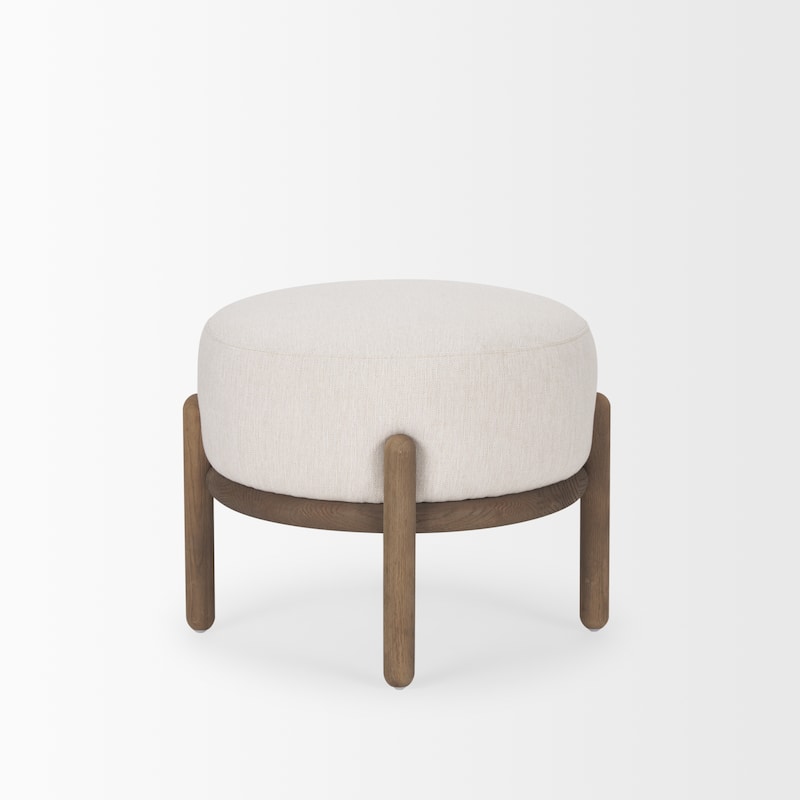 Gwynn Oatmeal Fabric w/ Dark Brown Wood Pouf