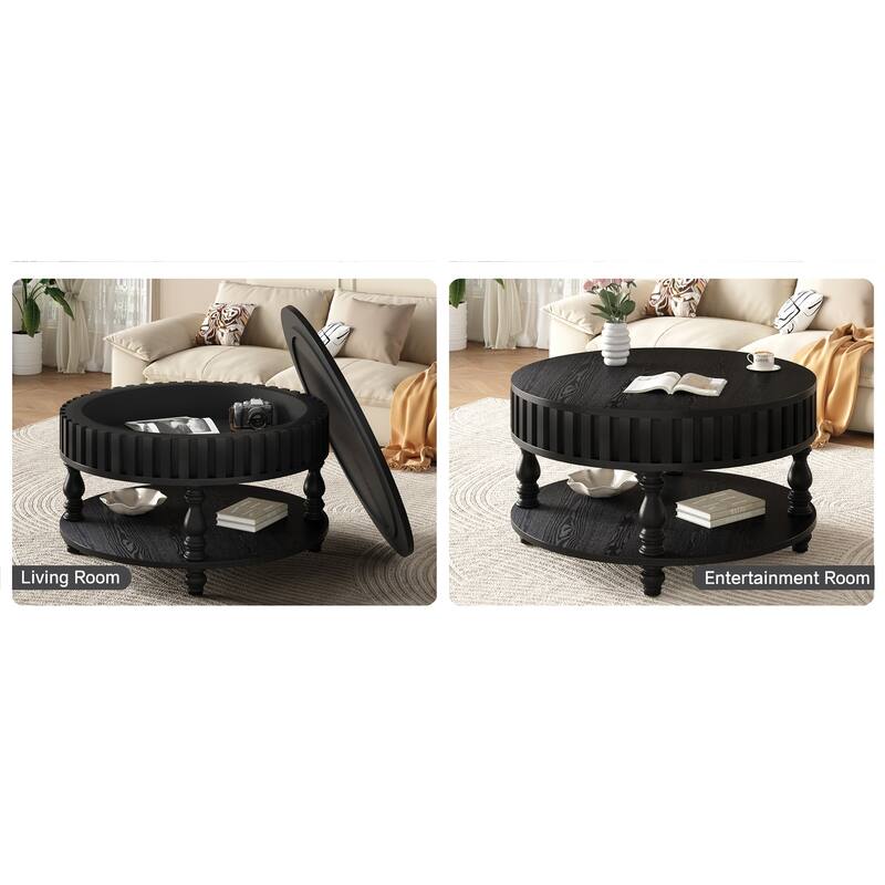 Modern Fluted Coffee Table with Storage, Black Finish Center Table with Flip-Top Lid, Sturdy Solid Wood Legs