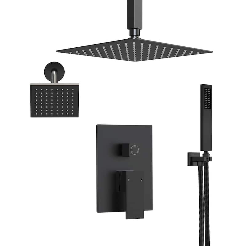 Triple-Function 10" & 6" Dual Shower Heads Shower Faucet Set, Ceiling Mount Shower System - 10" x 6" - Matte Black