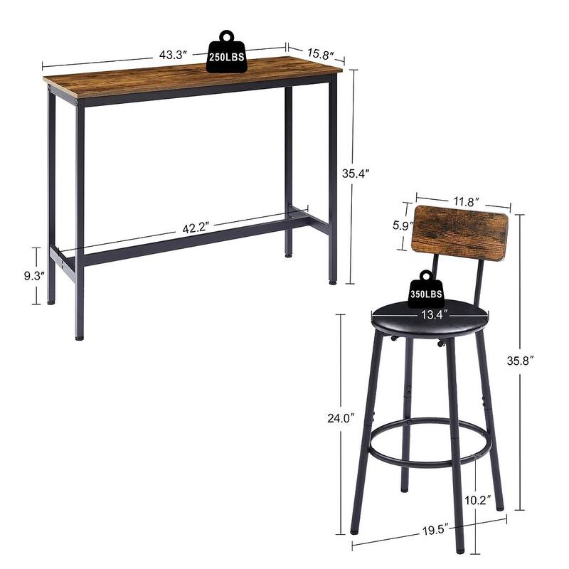 3 PCS Rustic Brown PU Soft Seat Bar Table Set For 2