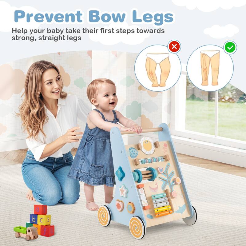 Gymax Wooden Baby Walker Sit to Stand Walker w/ Wheels Push & Pull