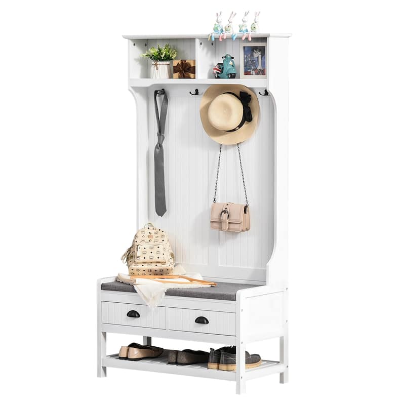 Modern Coat Rack with Shoe Rack 2 Drawers 4 Hooks and Padded Seat Cushion, for Entry and Hallway, White