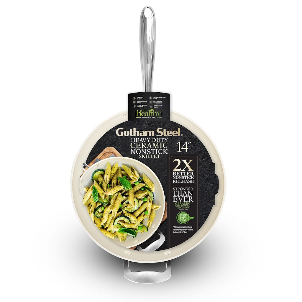 Gotham Steel Cream 14'' Ultra Nonstick Ceramic Family Pan with Helper Handle