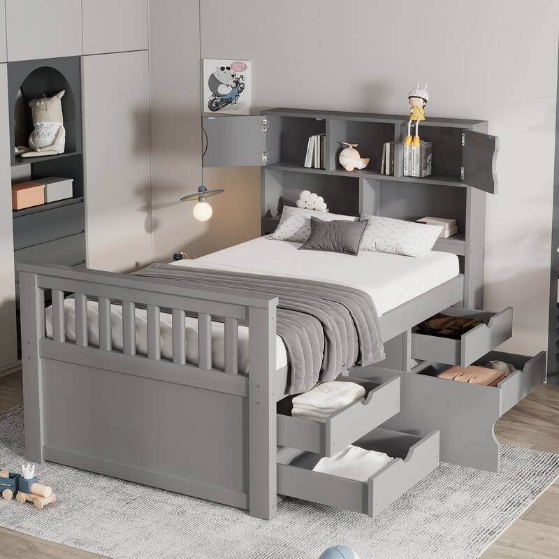Twin Size Captain Platform Bed with Storage Bookcases Four Drawers
