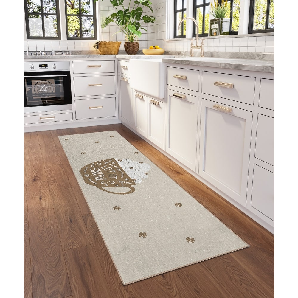 Indoor/ Outdoor Cozy Winter Brown Washable Let is Snow Rug