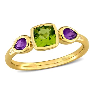 Miadora 1ct TGW Cushion-Cut Peridot and Pear-Cut Amethyst 3-Stone Ring in 10k Yellow Gold