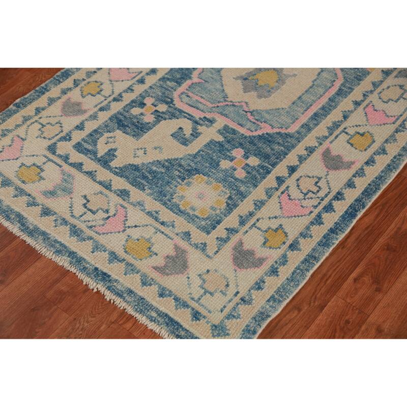 Hand Knotted Oriental 100% Wool Carpet Transitional Geometric Navy Blue & Blues Oushak Runner Rug - 13' 10'' X 3' 2''