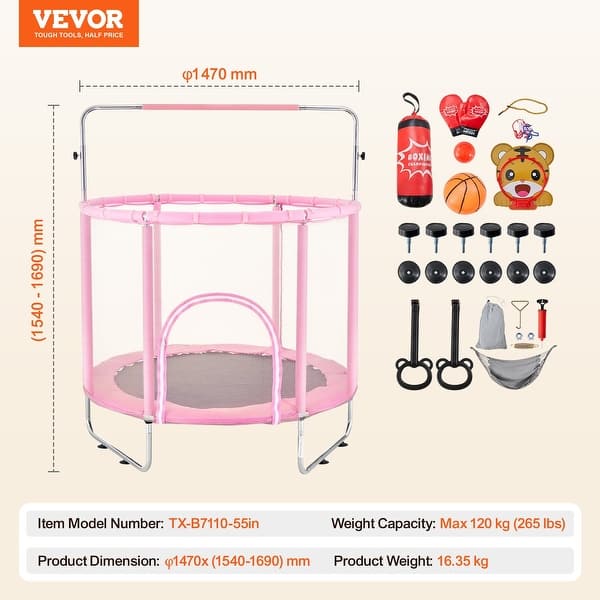 dimension image slide 0 of 2, 55" Kids Trampoline with Safety Net and 3 Adjustable Heights Ideal for Indoors or Outdoors
