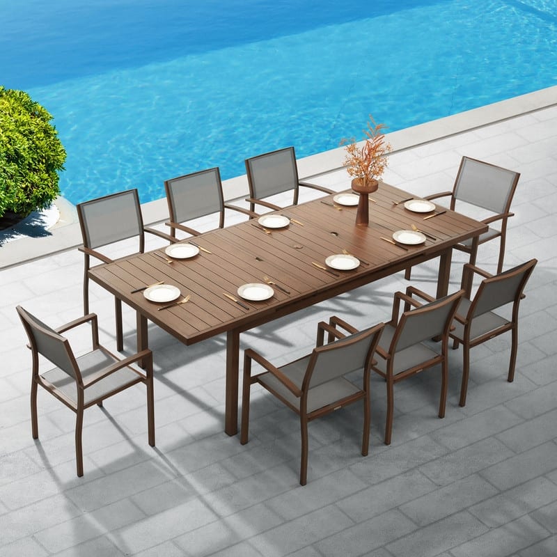 HIGOLD Carlo Extendable Outdoor Dining Set for 8 Persons, with Umbrella Hole - Brown
