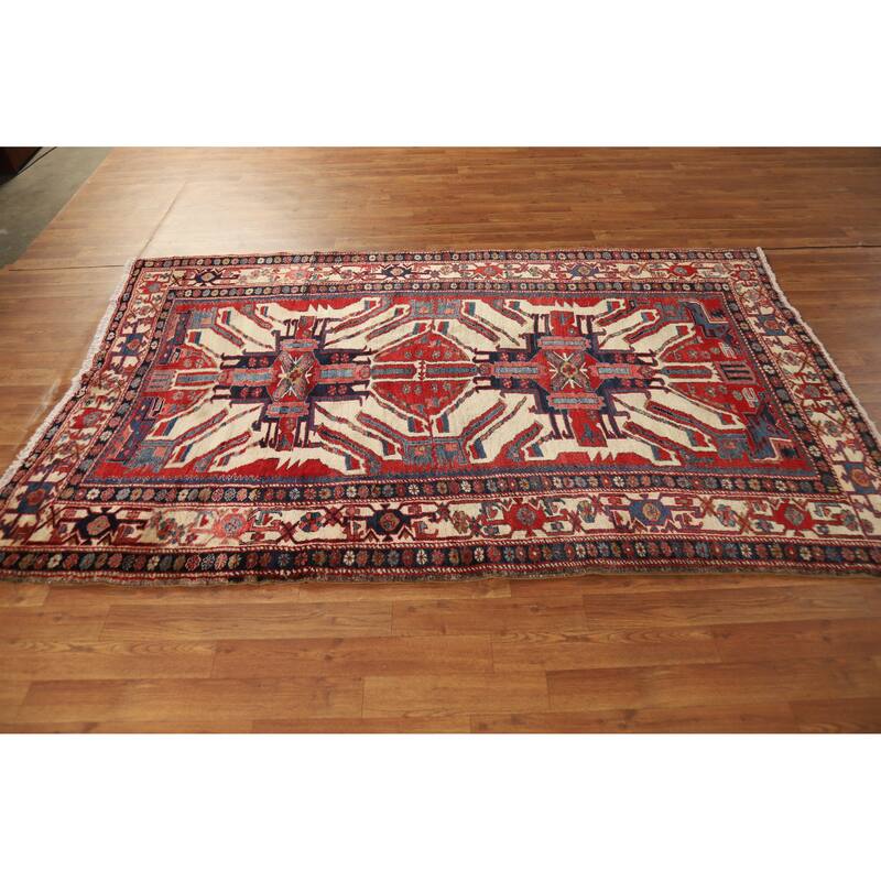 Hand Knotted Oriental 100% Wool Carpet Traditional Geometric Beige & Ivories Heriz (serapi) Area Rug - 7' 3'' X 4' 8''