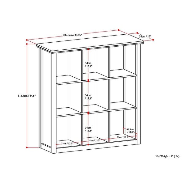 WYNDENHALL Stratford SOLID WOOD 45 inch x 43 inch Transitional 9 Cube Bookcase and Storage Unit - 43.2"w x 15"d x 44.6" h