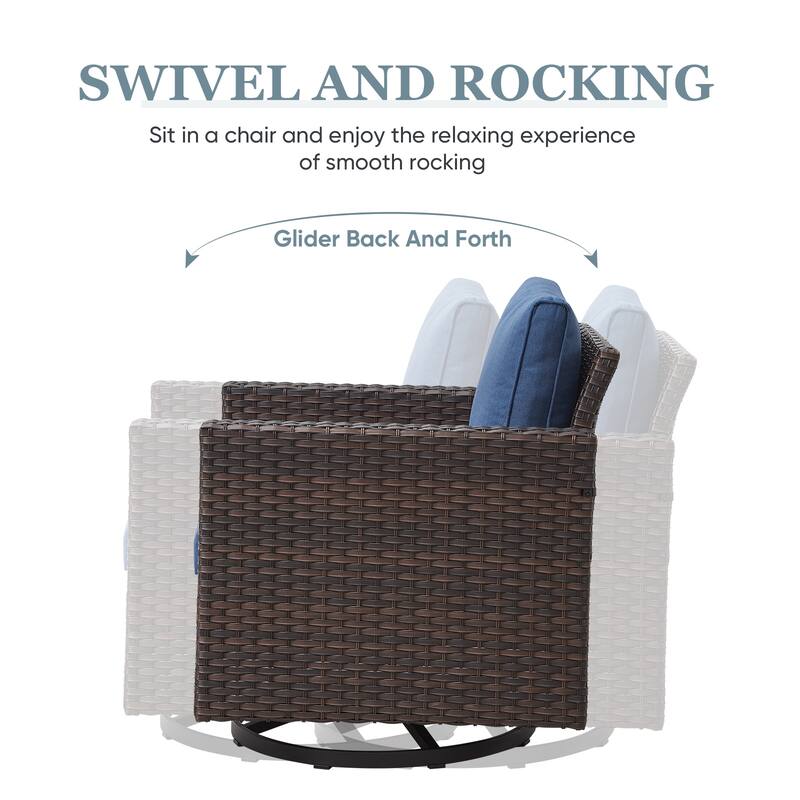 Outdoor Sofa Swivel Chairs Ottomans and Fire Pit Table