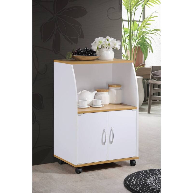 33" White and Beige Solid Microwave Kitchen Cart