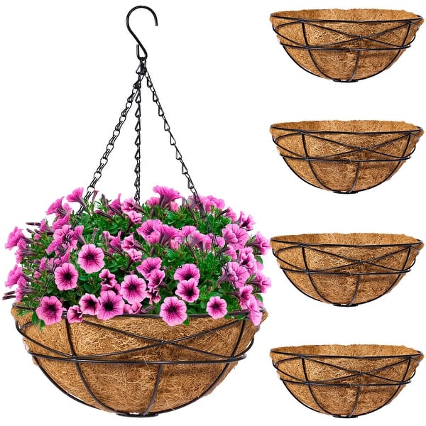 2 Pack 12 Inch Hanging Baskets Planter With Coco Coir Liners & Chain – Rustproof Metal Flower Pots For Indoor Outdoor Garden, Porch, Balcony, Patio Decoration