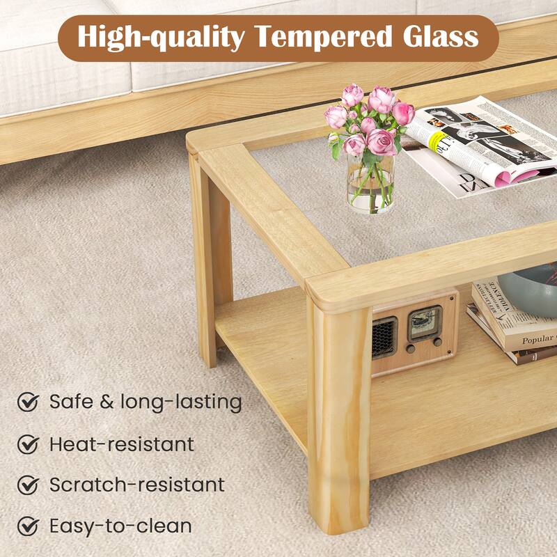 Gymax 2-Tier Coffee Table w/ Tempered Glass Tabletop & Storage Shelf