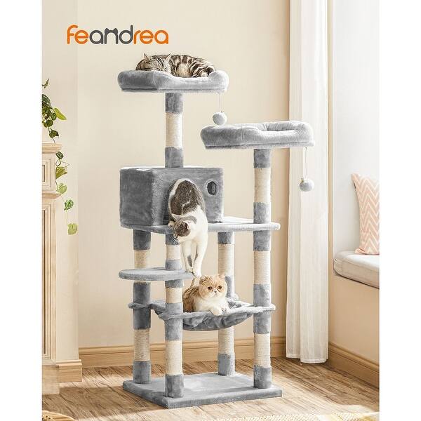 slide 2 of 9, FEANDREA Cat Tree, 58" Multi-Level Cat Tree with Sisal-Covered Scratching Posts, Plush Perches,Cat Tower Furniture Light Grey