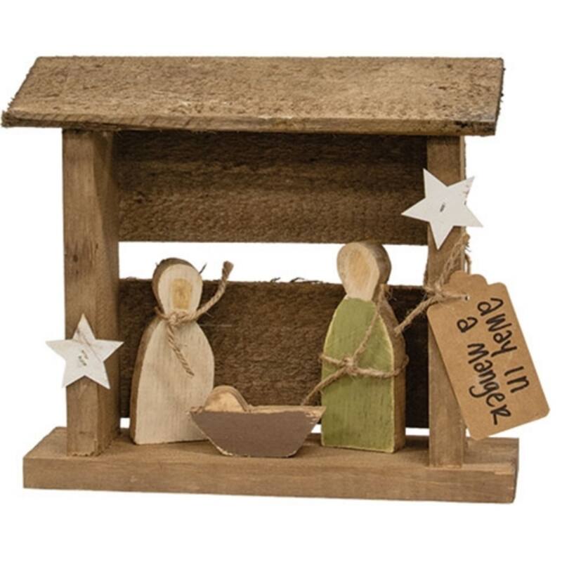 Rustic Wood Nativity Set with Manger Mary Joseph and Baby Jesus Freestanding Christmas Decor - 10.5” high by 11.75” wide by 3.5” - Brown