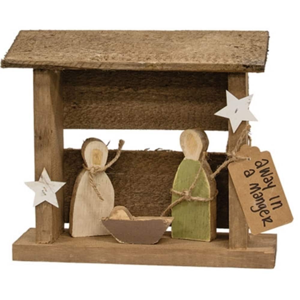 Rustic Wood Nativity Set with Manger Mary Joseph and Baby Jesus Freestanding Christmas Decor - 10.5” high by 11.75” wide by 3.5”
